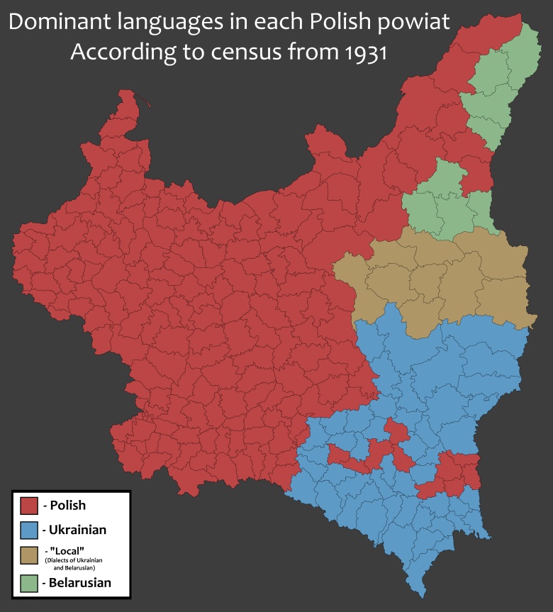 Mapa etniczna Polski. Mapa dominujących języków w każdym polskim powiecie w 1931 r.