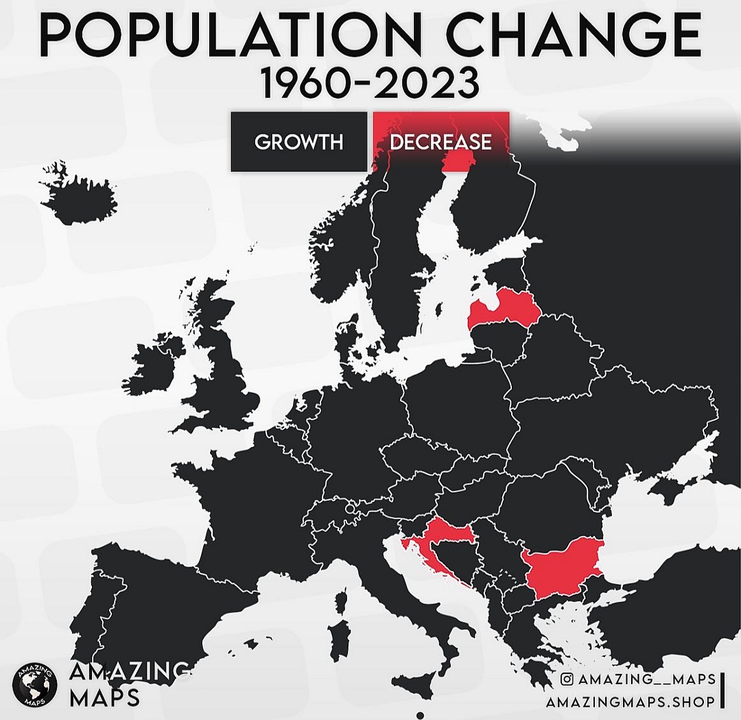 Zmiana liczby ludności w Europie w latach 1960-2023