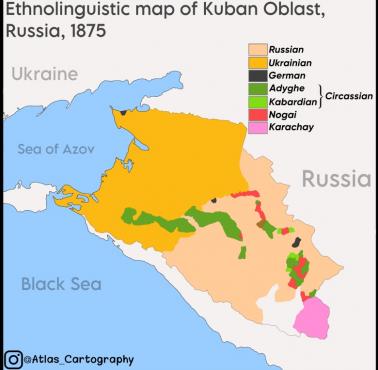 Mapa etnolingwistyczna obwodu kubańskiego, Rosja, 1875 r.