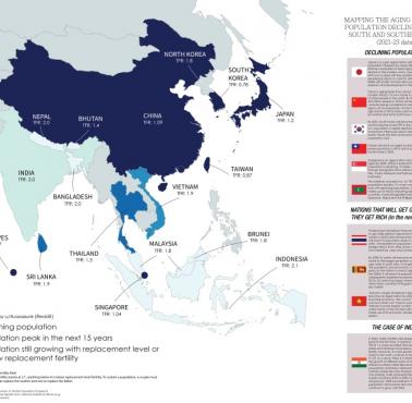 Mapa przedstawiająca spadek liczby ludności w Azji Wschodniej, Południowej i Południowo-Wschodniej (2021-2023)