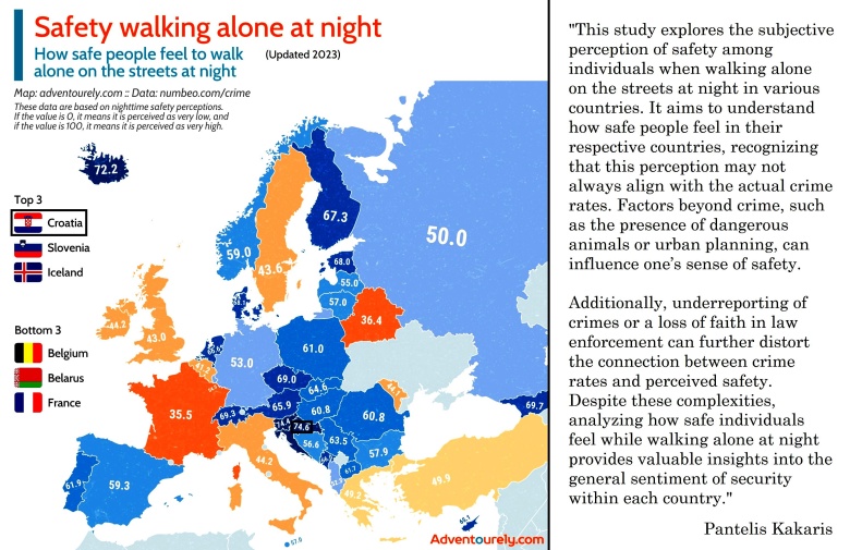 Odsetek osób, która nie boi się chodzić samotnie nocą w Europie, 2023