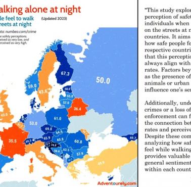 Odsetek osób, która nie boi się chodzić samotnie nocą w Europie, 2023