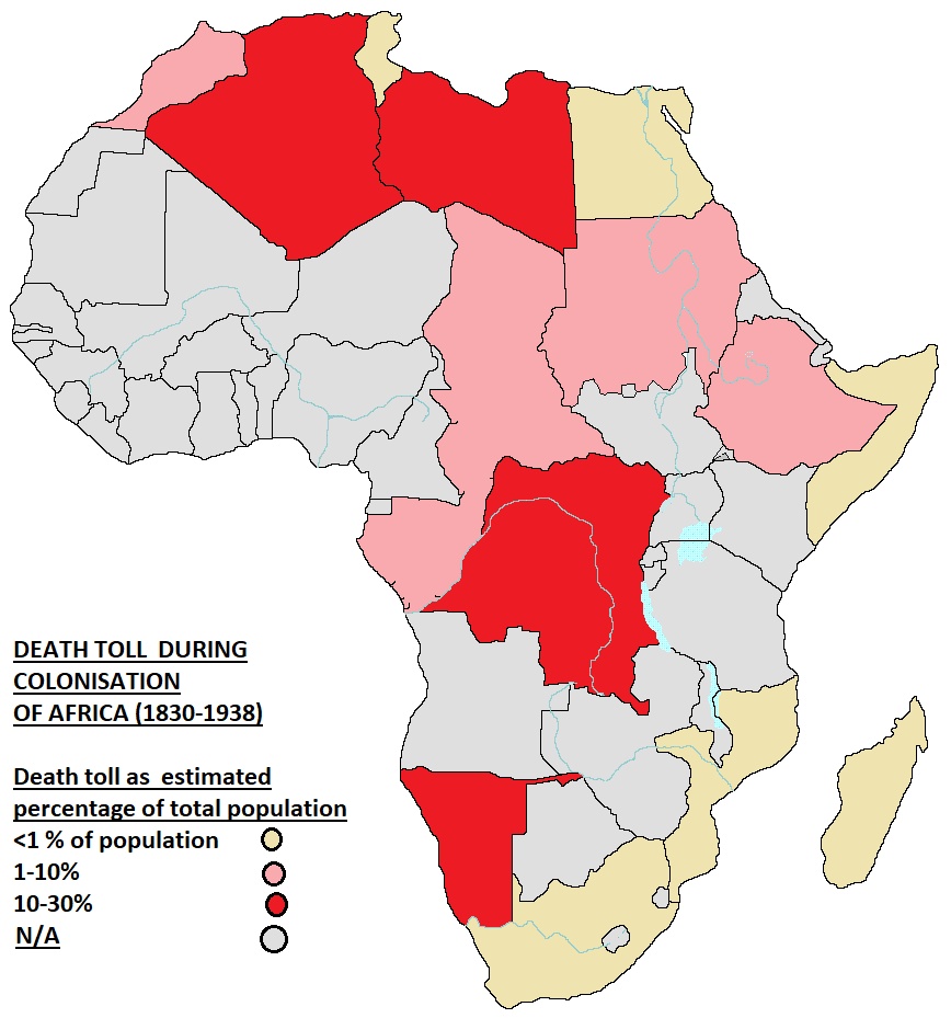 Szacowana liczba ofiar śmiertelnych podczas kolonizacji Afryki w latach 1830-1930