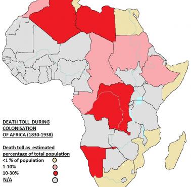 Szacowana liczba ofiar śmiertelnych podczas kolonizacji Afryki w latach 1830-1930