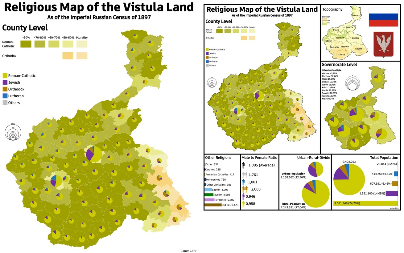 Mapa religijna Polski rosyjskiej 1897