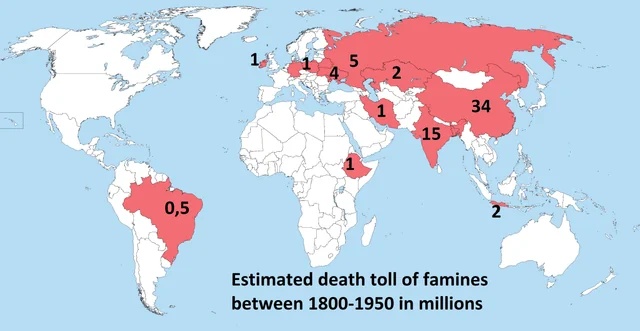 Liczba ofiar śmiertelnych największych klęsk głodu w latach 1800-1950