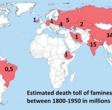 Liczba ofiar śmiertelnych największych klęsk głodu w latach 1800-1950