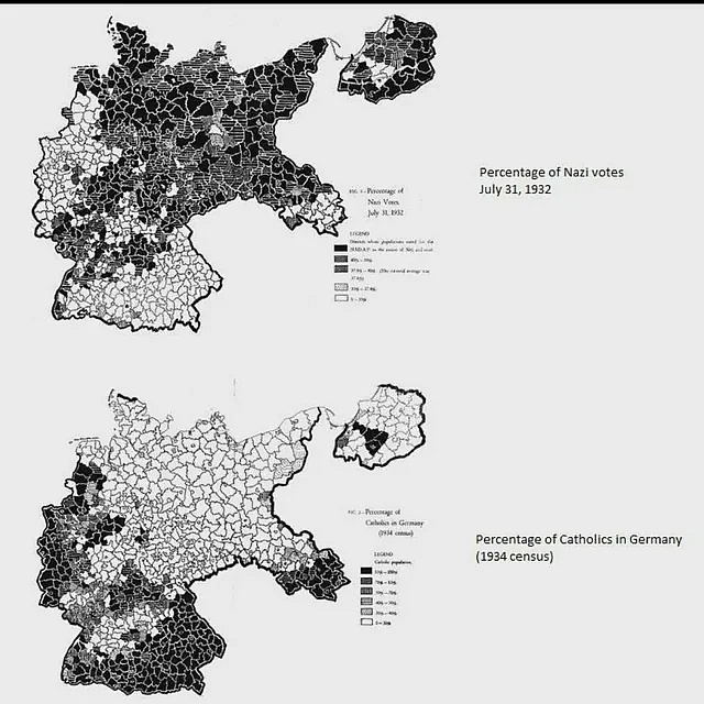 Głosy oddane na NSDAP w 1932 roku i mapka katolików w Niemczech 1934