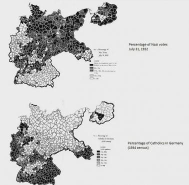 Głosy oddane na NSDAP w 1932 roku i mapka katolików w Niemczech 1934