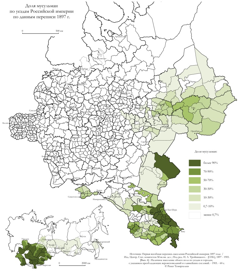 Mapa religijna Rosji z 1897 roku - muzułmanie