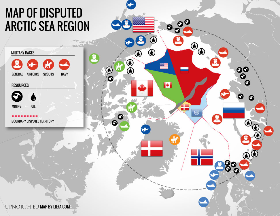 Roszczenia terytorialne wobec Arktyki z lokalizacją baz wojskowych i zasobami