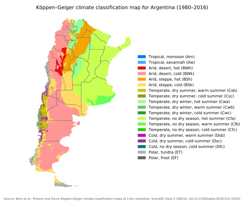 Klasyfikacja klimatów Köppena w Argentynie, 1980-2016