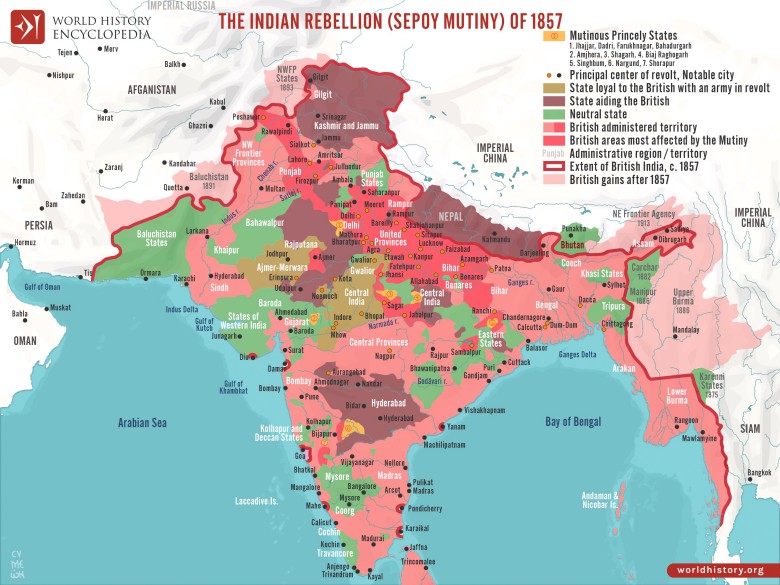 Mapa polityczna Indii w 1857 r. w roku antybrytyjskiego powstania sipajów