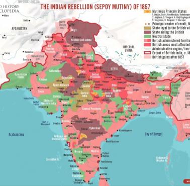 Mapa polityczna Indii w 1857 r. w roku antybrytyjskiego powstania sipajów