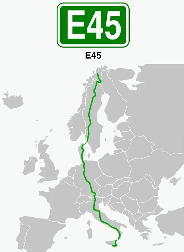 Europejska trasa E45, najdłuższa europejska trasa północ-południe o długości 5 190 kilometrów