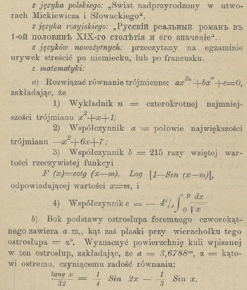 Matura z matematyki w Liceum Staszica w 1911 roku