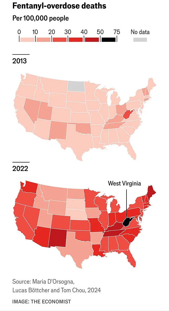 Zgony spowodowane przedawkowaniem fentanylu w USA w 2013 r. i 2022 r.