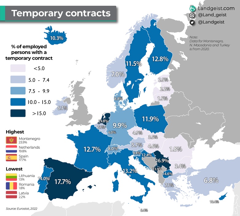 Odsetek zatrudnionych osób z umową na czas określony w Europie, 2022