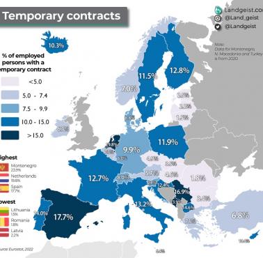 Odsetek zatrudnionych osób z umową na czas określony w Europie, 2022