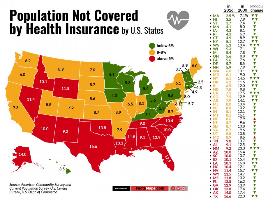 Odsetek mieszkańców USA, którzy nie mają ubezpieczenia zdrowotnego, 2000, 2016