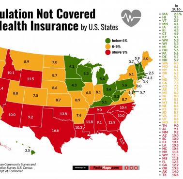 Odsetek mieszkańców USA, którzy nie mają ubezpieczenia zdrowotnego, 2000, 2016