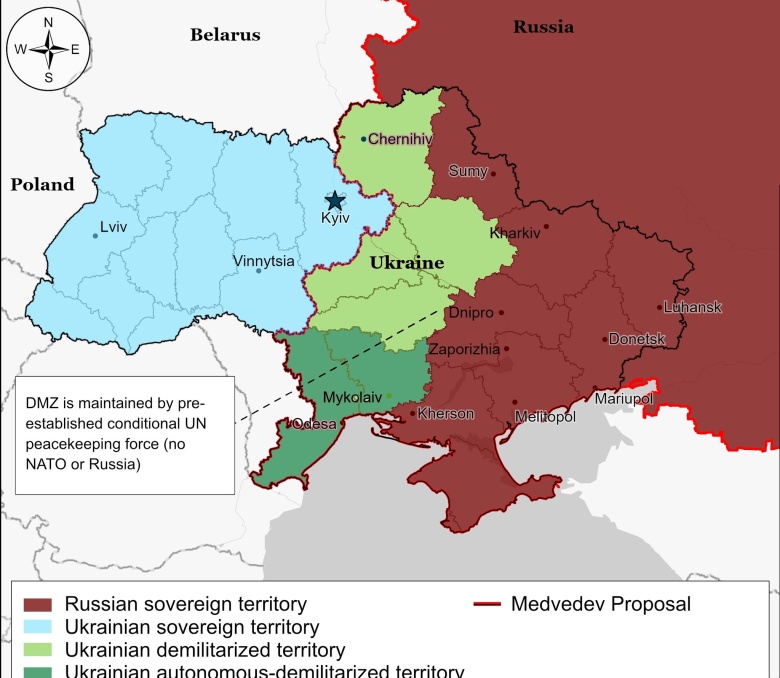 Mapa propozycji pokojowych konfliktu ukraińskiego autorstwa Dmitrija Miedwiediewa z marca 2024 roku