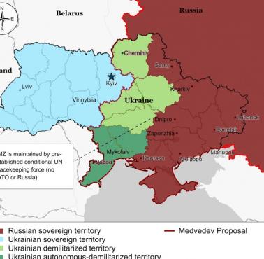 Mapa propozycji pokojowych konfliktu ukraińskiego autorstwa Dmitrija Miedwiediewa z marca 2024 roku