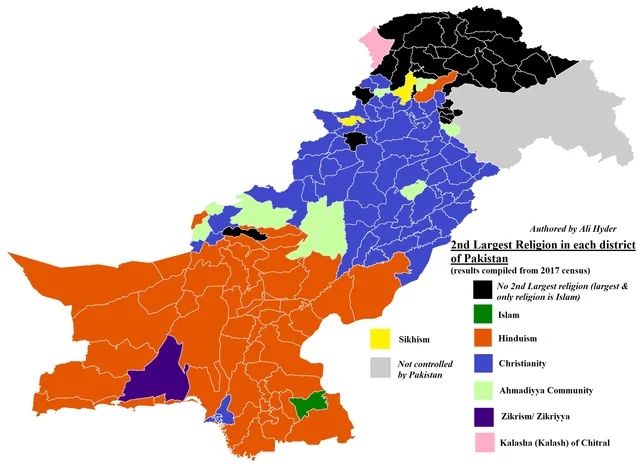 2. największa religia według dystryktu w Pakistanie