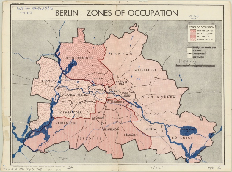 Mapa CIA 1945 pokazuje podział Berlina po II wojnie światowej na strefy okupacyjne