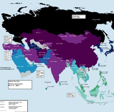 Najwyższe i najniższe temperatury odnotowane w krajach azjatyckich (bez Australii)