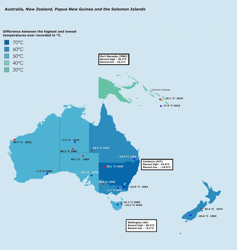 Najwyższe i najniższe temperatury odnotowane w Azji wschodniej (Australia, Nowa Zelandia, Papua ...)