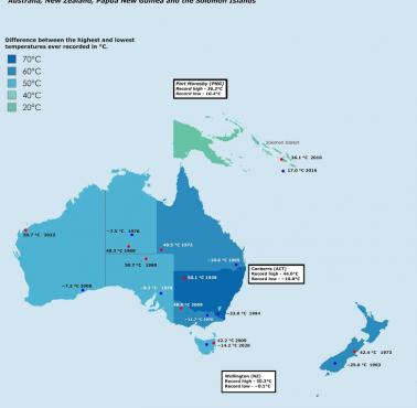 Najwyższe i najniższe temperatury odnotowane w Azji wschodniej (Australia, Nowa Zelandia, Papua ...)