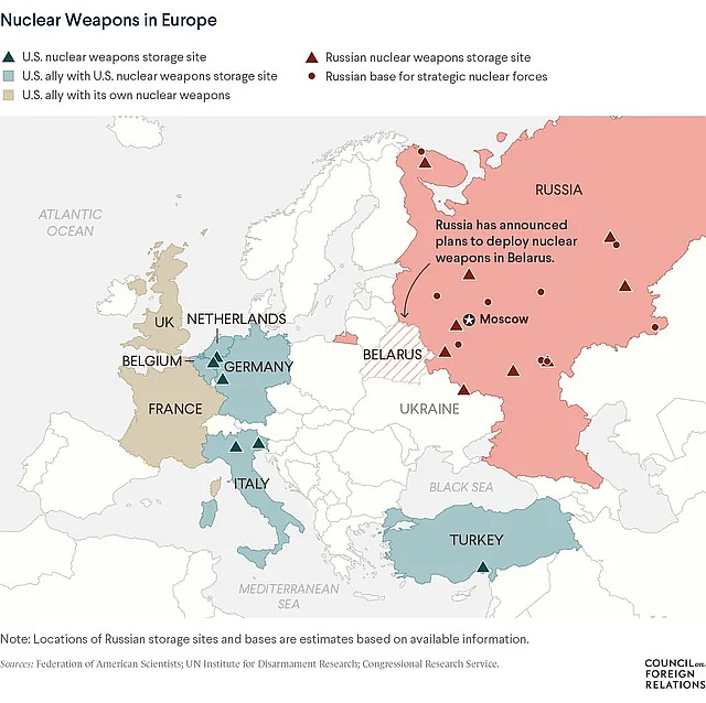 Rozmieszczenie amerykańskiej i rosyjskiej broni atomowej w Europie, 2023