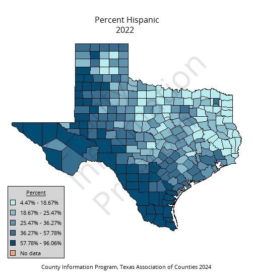 Odsetek Latynosów w Teksasie (USA) z podziałem na hrabstwa, 2022