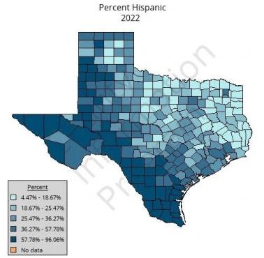 Odsetek Latynosów w Teksasie (USA) z podziałem na hrabstwa, 2022