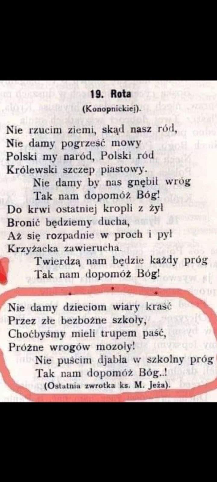 Rota Konopnickiej z dodatkową zwrotką ks.Jeża