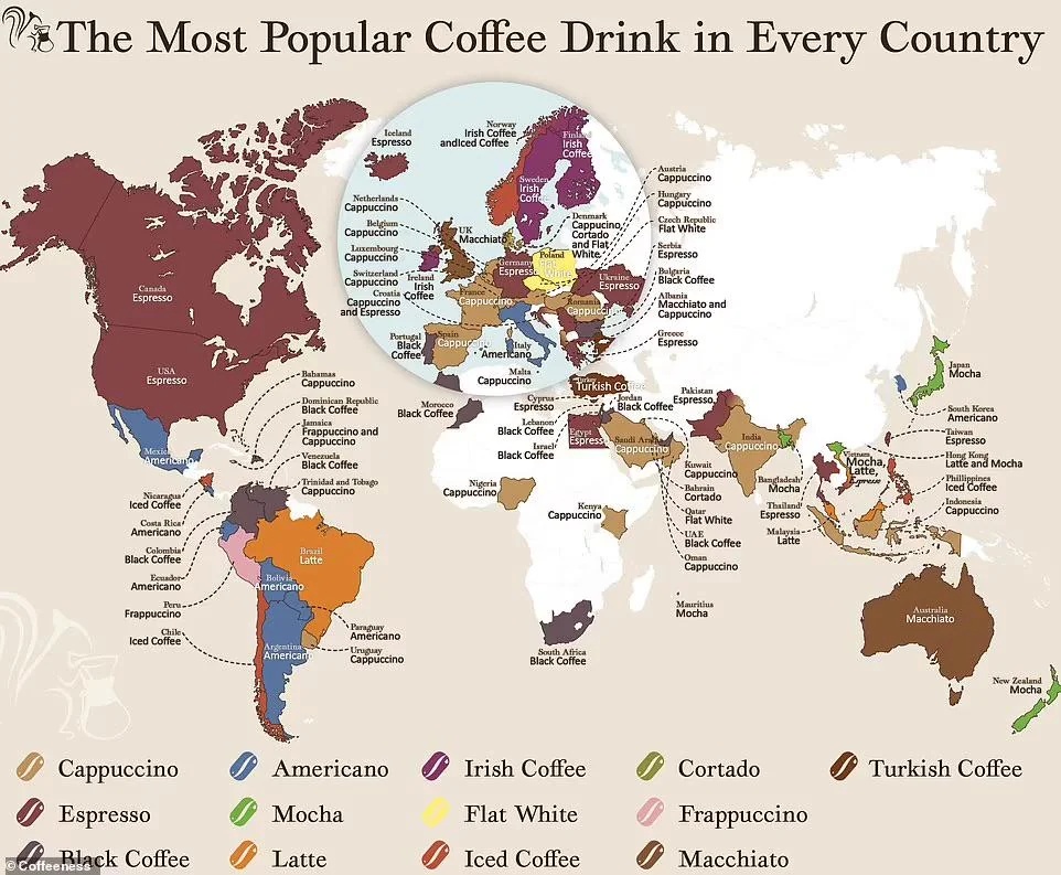 Najpopularniejsze kawy (cappuccino, espresso, latte ...) w poszczególnych krajach świata, 2024