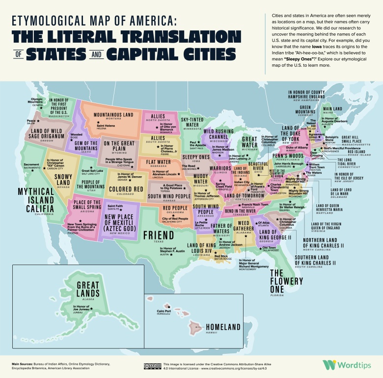 Etymologiczna mapa USA. Dosłowne tłumaczenie stanów i stolic