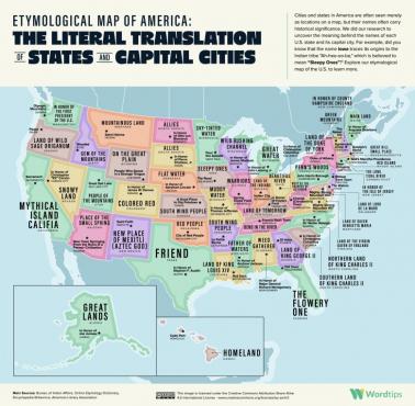 Etymologiczna mapa USA. Dosłowne tłumaczenie stanów i stolic