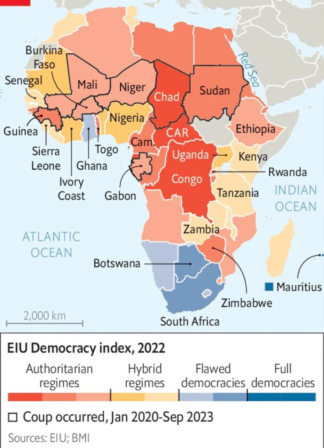 Demokracje liberalne (EIU Democracy index) w Afryce, stan na 2022