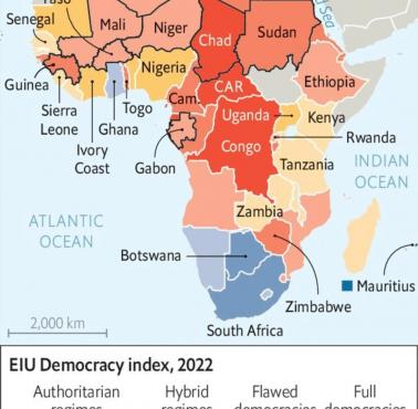 Demokracje liberalne (EIU Democracy index) w Afryce, stan na 2022