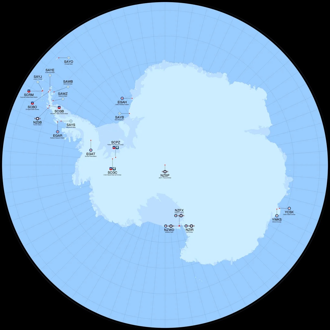 Mapa lotnisk na Antarktydzie (format ICAO)