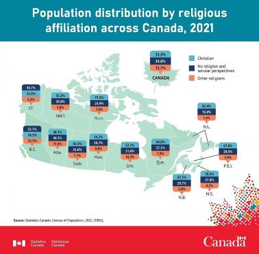 Mapa religijna Kanady z podziałem na prowincje, 2021