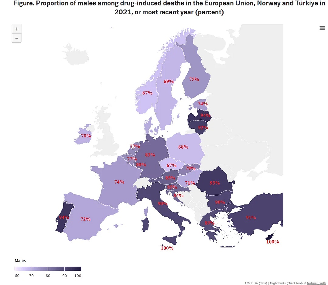 Liczba zgonów mężczyzn spowodowanych przedawkowaniem narkotyków w Europie, 2021