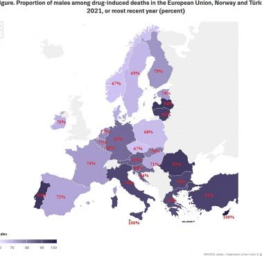 Liczba zgonów mężczyzn spowodowanych przedawkowaniem narkotyków w Europie, 2021