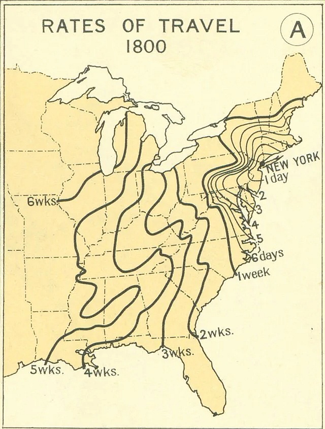 Czas podróży w dniach i tygodniach z Nowego Jorku do różnych części USA w 1800 roku