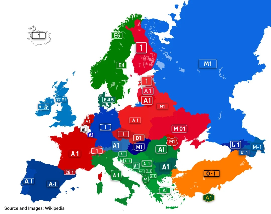 Oznaczenia autostrad lub dróg szybkiego ruchu w Europie