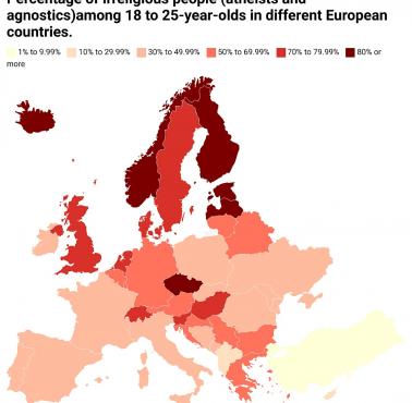 Odsetek ateistów, agnostyków i osób niereligijnych wśród młodzieży (18-25 lat) w Europie