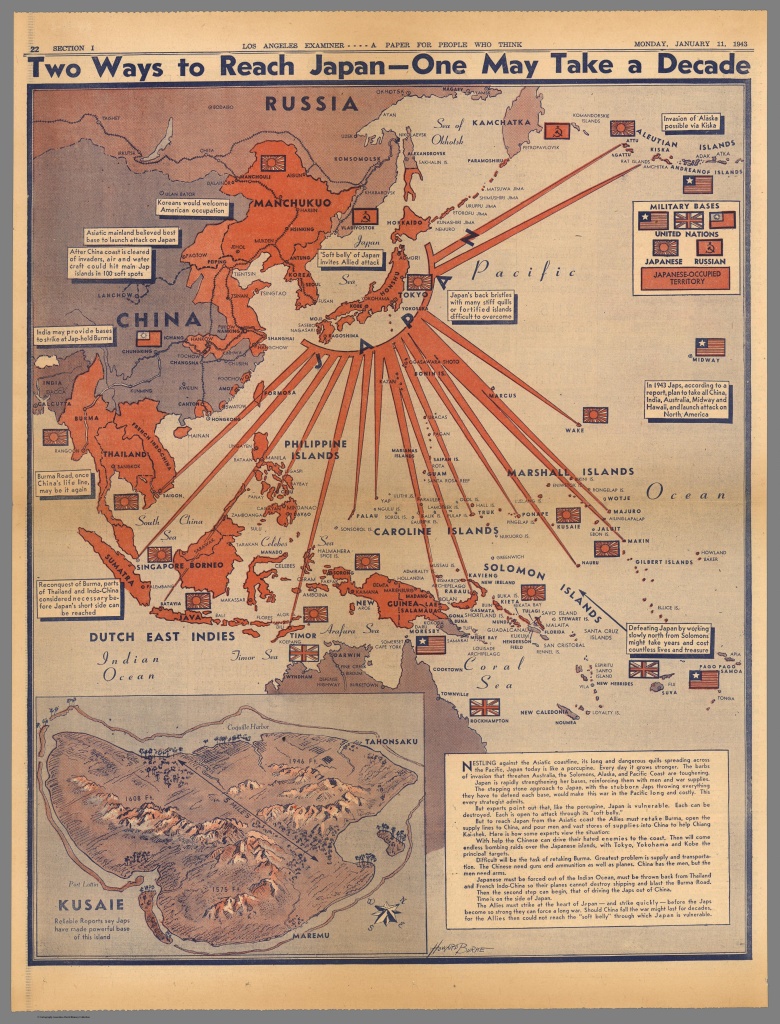 Mapa wojny na Pacyfiku z 1943 r. opublikowana przez Los Angeles Examiner