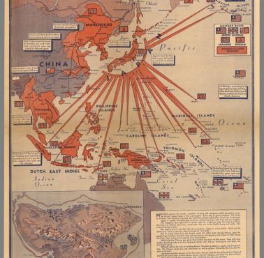 Mapa wojny na Pacyfiku z 1943 r. opublikowana przez Los Angeles Examiner